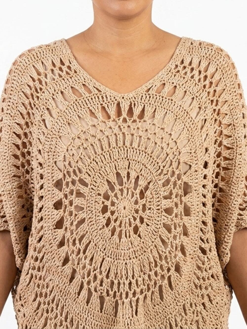 Forever 21 Beige Crochet V-Neck Poncho Sweater Women See Measurements